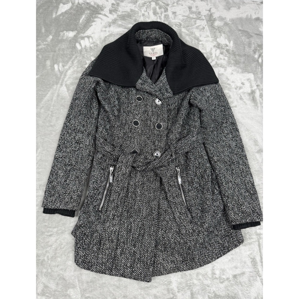 Guess Tweed Wool Belted Pea Coat Womens Small S Black White‎ Button Jacket Y2K